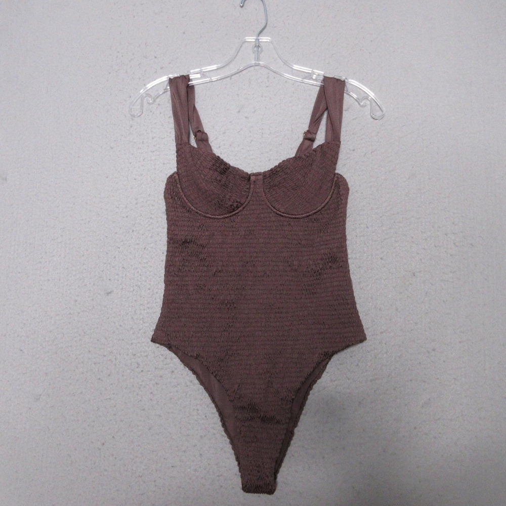 Brown Textured One-Piece Swimsuit with Molded Cups
